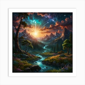 Landscape With Mountains And River Art Print