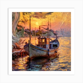 Sunset Boat Painting Art Print