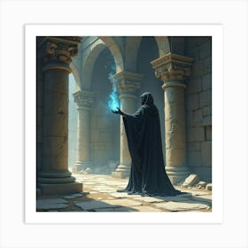 Dark Sorcerer Controlling Dark Magic In A Ruined Temple, Watercolor Tone 1 Art Print