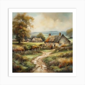 The old British countryside, a work of wall art dating back to 1960, with all its details and colours. The farm is an old oil painting in faded oil colours.6 Art Print