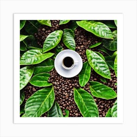 Coffee Beans On Green Leaves Art Print