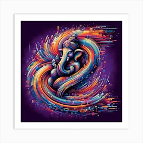 "Digital Divinity: Ganesha in the Circuit of Cosmos" - This artwork is a futuristic portrayal of Lord Ganesha, blending traditional spiritual iconography with a digital aesthetic. The deity is enveloped in a swirl of circuit-like lines and vibrant neon colors, suggesting a universe where technology and spirituality converge. It's a visual ode to the modern world's complexity, reflecting the interconnectedness of all things, from the ancient to the digital age. This piece is perfect for those who appreciate a fusion of cultural depth and contemporary design, making it a standout addition to any collection. Art Print