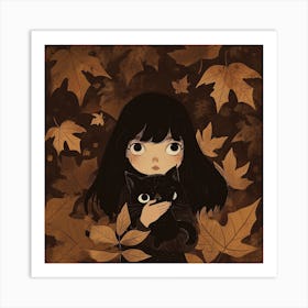 Autumn Girl With Cat Art Print