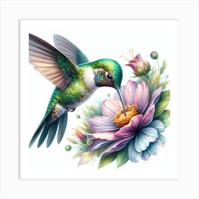 Watercolor Wonder: A Realistic and Detailed Painting of a Hummingbird Hovering over a Flower Art Print