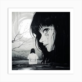 Girl Looking At The Moon black and white manga Junji Ito style Art Print