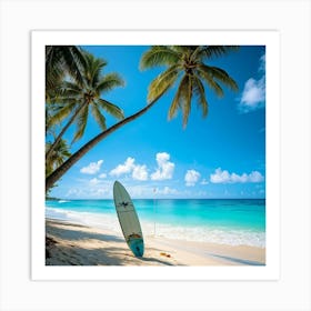 A Sunny Beach In A Tropical Paradise Palm Trees Bending Slightly Above The Turquoise Waters Edge (1) Art Print