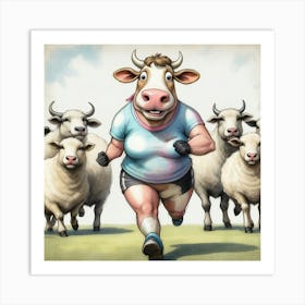 Cow Running With Sheep Art Print