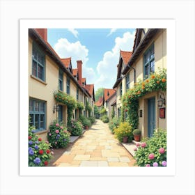 An English Street With Period Architecture And Colorful Flowers, Watercolor 1 Art Print