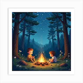 Baby Sitting By A Campfire In A Watercolor Forest Under The Stars Art Print