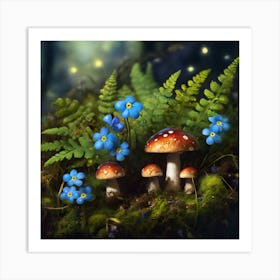 Miniature Ferns, Fireflies and Forget-me-nots with Forest Funghi Art Print