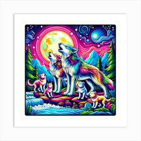 Loving Wolf Family Howling in Moon Art Print