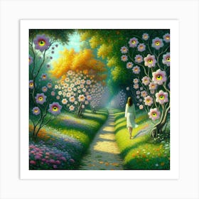 Girl Walking Through A Garden Art Print