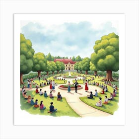 English Park With Romanian Cultural Performances, Illustrated In Watercolor 1 Art Print