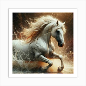 White Horse Running In Water Art Print