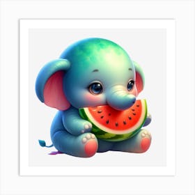 Cute Elephant Eating Watermelon Art Print