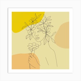 Woman With Flowers In Her Hair,Beautiful woman line art and flowers Art Print