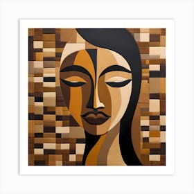Patchwork Quilting Abstract Face Art with Earthly Tones, American folk quilting art, 1225 Art Print