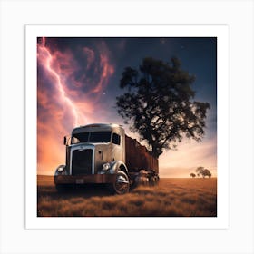 Lightning Storm Over A Semi Truck Art Print