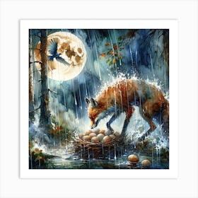 Fox In The Rain Art Print