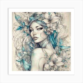 Blue Haired Girl With Flowers Art Print