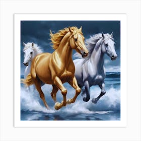 Three Horses Running In The Ocean Art Print