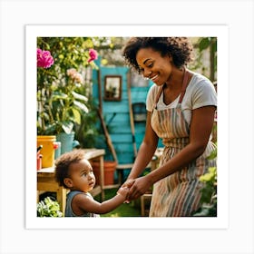 Mother And Child In Garden Art Print