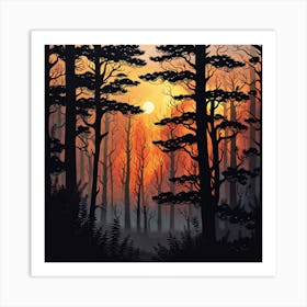 Sunset In The Forest 5,   Forest bathed in the warm glow of the setting sun, forest sunset illustration, forest at sunset, sunset forest vector art, sunset, forest painting,dark forest, landscape painting, nature vector art, Forest Sunset art, trees, pines, spruces, and firs, orange and black.  Art Print