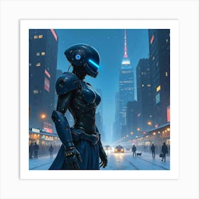 Cybernetic Warrior In A Futuristic Cityscape At Night, Watercolor Art 1 Art Print