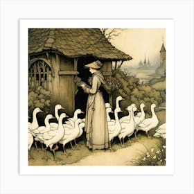 Lady And Her Geese Art Print