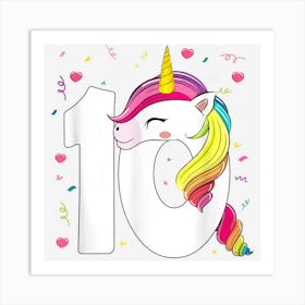 Unicorn Face 10 Tenyears Old 10th Birthday Girl Bday Party Art Print