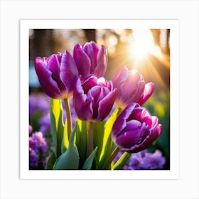 Bouquet Of Vibrant Purple Tulips Rising Toward A Majestic Sun In A Lush Spring Park Three Graceful Art Print