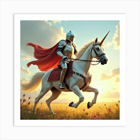 A Heroic Knight In Shining Armor, Riding A Unicorn Through A Golden Meadow 1 Art Print