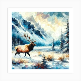 Oil Texture Abstract Elk In Winter Mountains Art Print