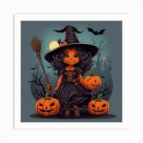Halloween Witch With Pumpkins 2 Art Print