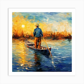 Man In Boat At Sunset Art Print