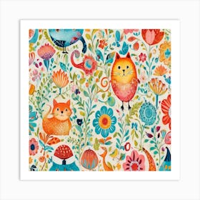 Colorful Cats And Flowers Art Print