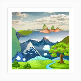 Landscape With Mountains And Trees, scenery of high mountain with lake and high peak, natural art Art Print