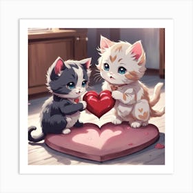 Two Kittens Holding A Heart Art Print