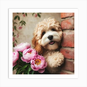 Poodle Puppy With Flowers Art Print