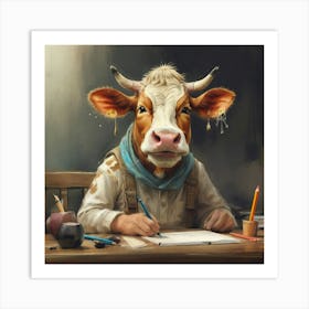 Cow At The Desk Art Print