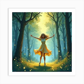 Taylor Swift Dancing In A Dreamy Watercolor Forest, With Fireflies Glowing Art Print