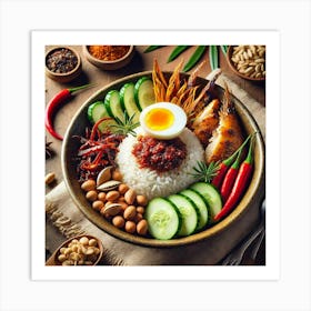 A Beautifully Plated Nasi Lemak Bowl Featuring Fra Art Print