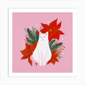 White Cat Christmas Pink And Orange Art Print