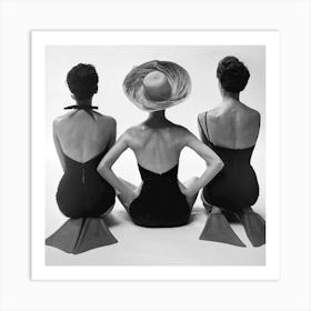 Three Women In Swimsuits, Vintage Fashion Black and White Old Photo Art Print