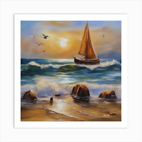 Oil painting design on canvas. Sandy beach rocks. Waves. Sailboat. Seagulls. The sun before sunset.8 Art Print