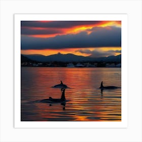 Orca Whales At Sunset Art Print