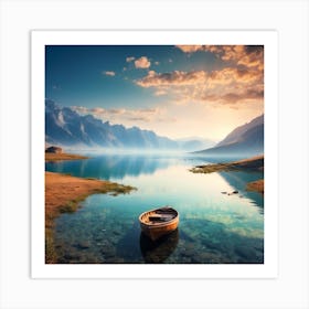 Nature Horizon Boat Water Mountains Art Print