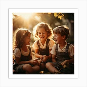 Three Children Laughing In Autumn Leaves Art Print