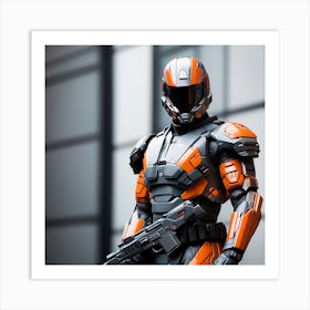 A Futuristic Warrior Stands Tall, His Gleaming Suit And Orange And Sky Blue Visor Commanding Attention Art Print