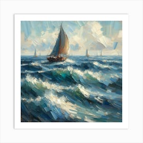 Sailboats In The Sea, Acrylic Painting Style Art Print